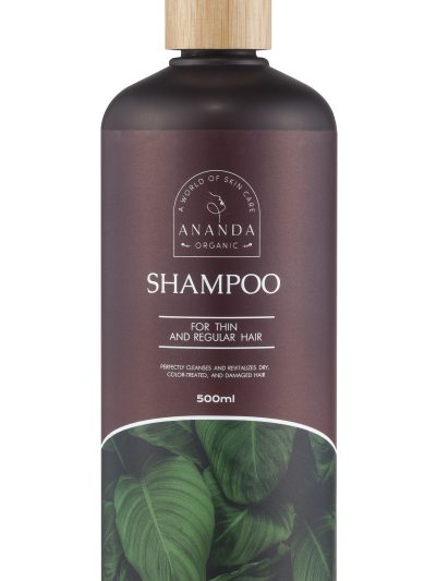 Ananda Organic shampoo bottle in a deep burgundy color, with a wooden pump, designed for thin and regular hair, highlighting its 500ml volume and leafy green imagery